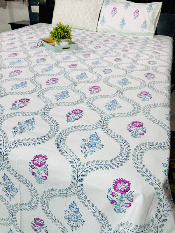 BLUE AND PINK FLORAL JHAAL BEDSHEET SET