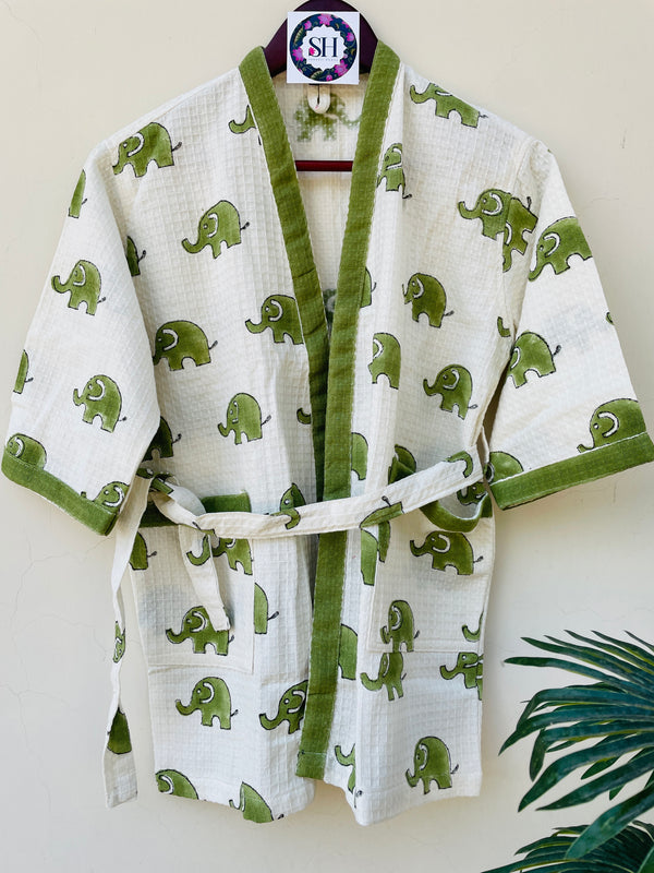 GREEN ELEPHANT BLOCK PRINT WAFFEL COTTON BATHROBE