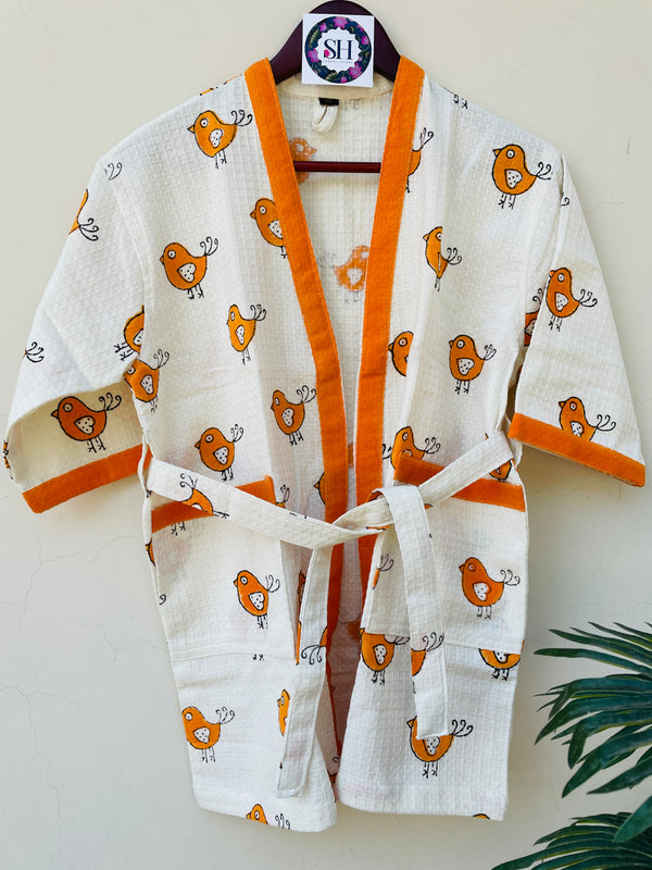 ORANGE BIRD BLOCK PRINT WAFFEL COTTON BATHROBE