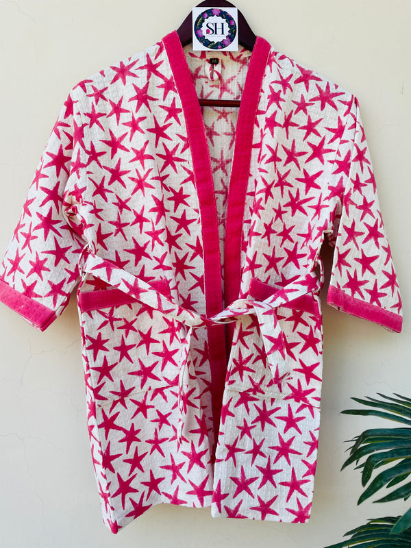 MAROON STAR BLOCK PRINT WAFFEL COTTON BATHROBE