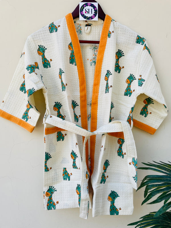 GIRAFFE BLOCK PRINT WAFFEL COTTON BATHROBE