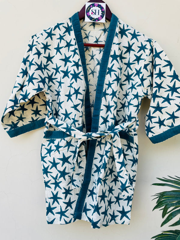 STAR BLOCK PRINT WAFFEL COTTON BATHROBE