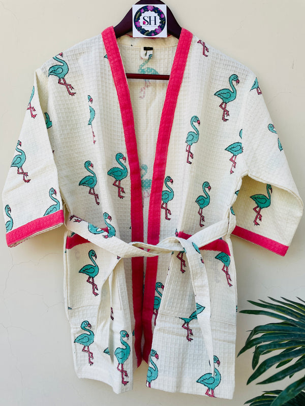 BLUE FLAMINGO BLOCK PRINT WAFFEL COTTON BATHROBE